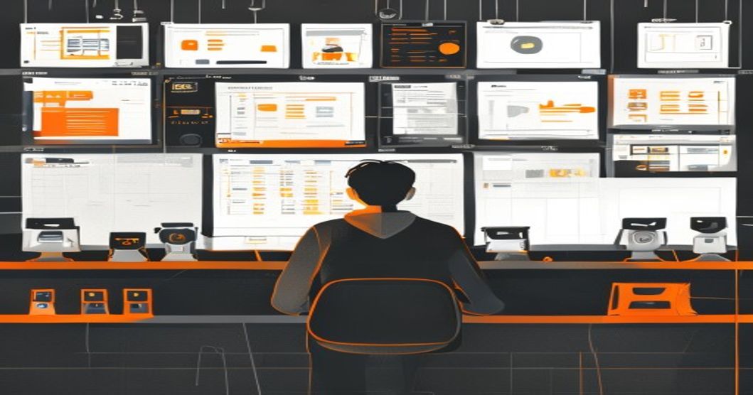 A person supervising several AI agent dashboards from one control room