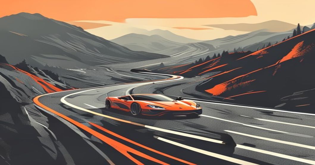 A fast car protected by strong guardrails on a mountain road